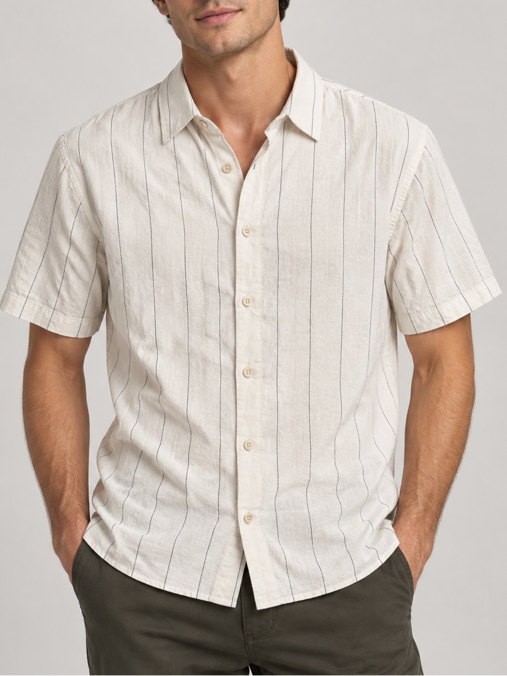 Zara Men’s Linen Blend Pinstripe Short Sleeve Button-Up Shirt Ivory